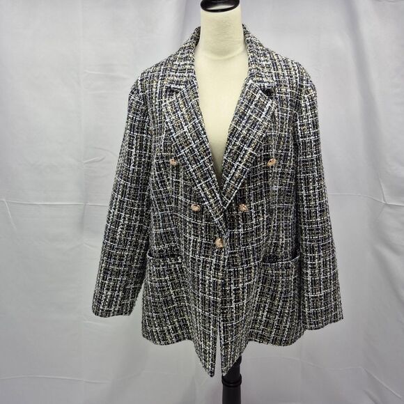 BloomChic Elegant Tweed Blazer with Gold Buttons Blue/White Metallic Gold 18-20 - Picture 4 of 11